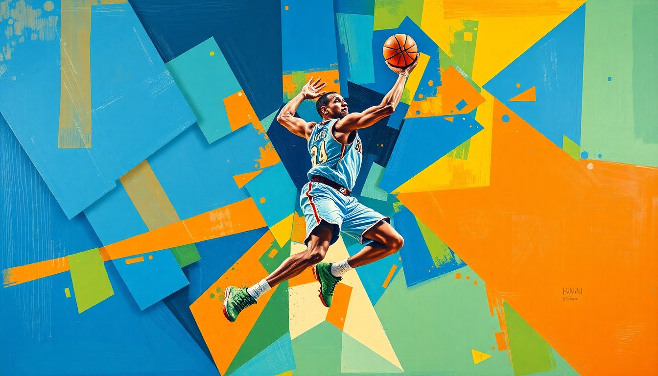 A cubist-style painting depicting a basketball player in motion, with their body and movements fragmented into overlapping geometric shapes in vibrant colors.