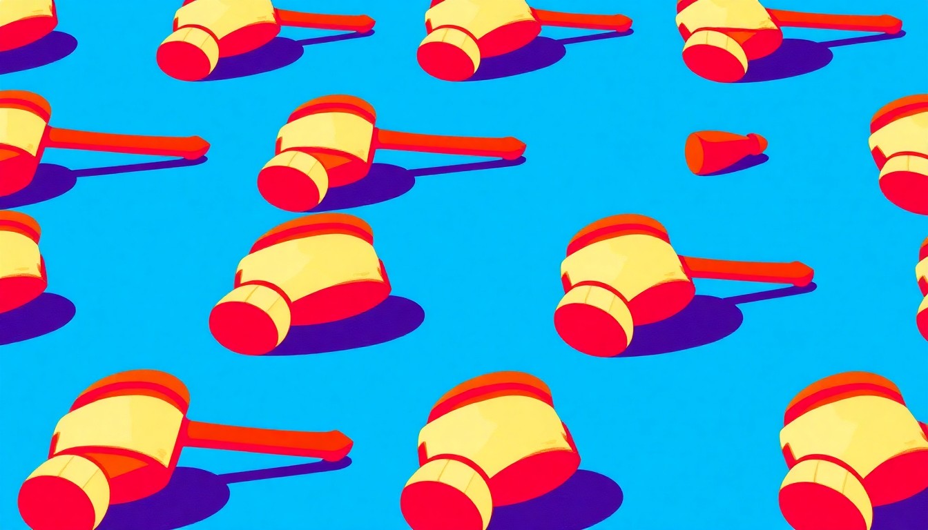 A vibrant, pop art-inspired illustration featuring a repeated image of a gavel in a grid pattern, conceptually representing the legal system's role in family law matters.