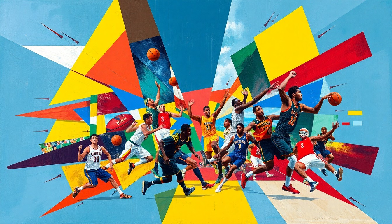 A cubist-style painting featuring sharp, overlapping geometric shapes in bright, contrasting colors, capturing the dynamic movements and competitive energy of various sports games and matches.