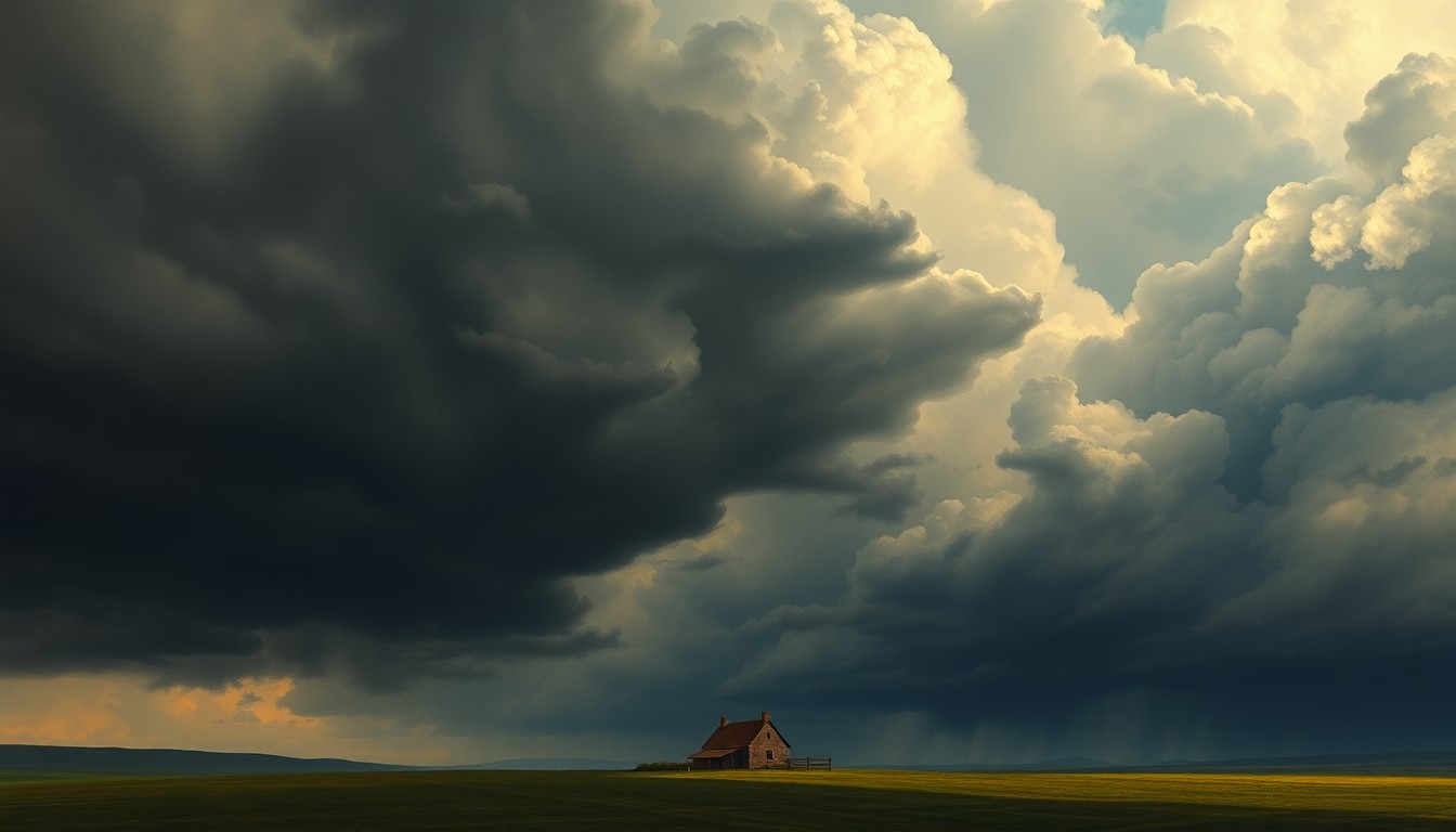 A sweeping, atmospheric landscape painting in muted tones of gray, blue, and green, with a small farmhouse or barn dwarfed by a vast, turbulent sky filled with ominous storm clouds, conveying the overwhelming scale and power of nature.