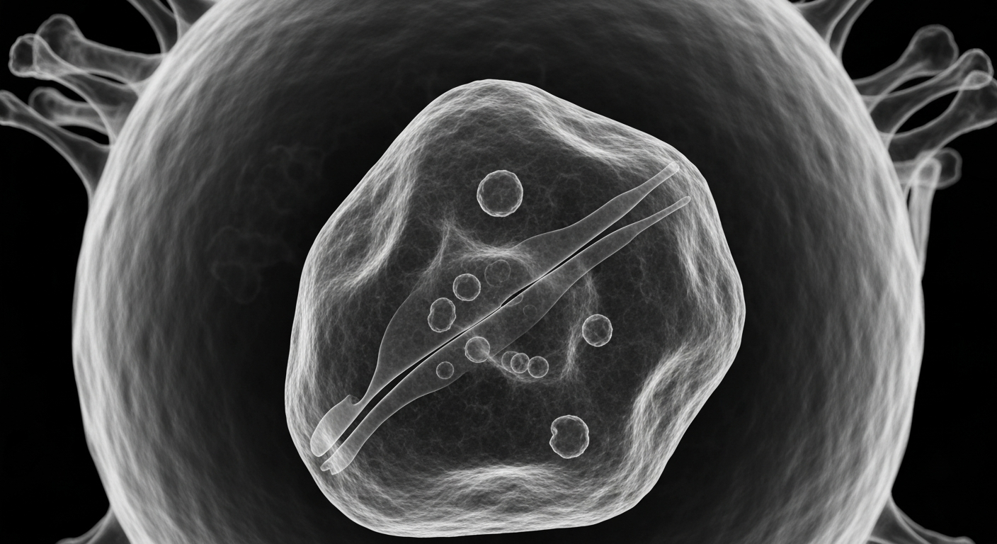 A ghostly, translucent X-ray photograph showing the internal structures of a measles virus particle, with its intricate details and shapes glowing against a dark background.
