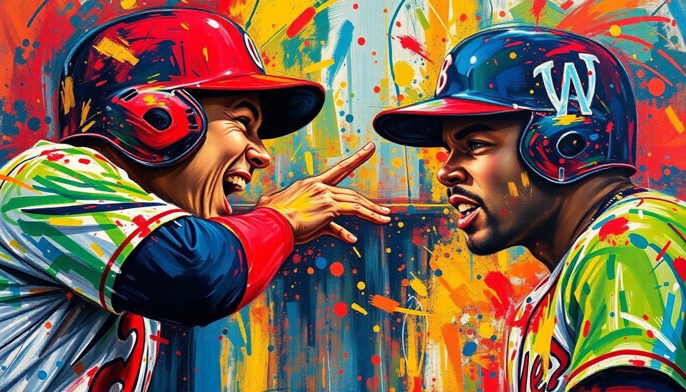 An abstract expressionist painting in vibrant neon colors, with rapid brushstrokes capturing the intense energy and emotion of a heated dugout confrontation between baseball players, their faces and details dissolving into unrecognizable splatters of color.