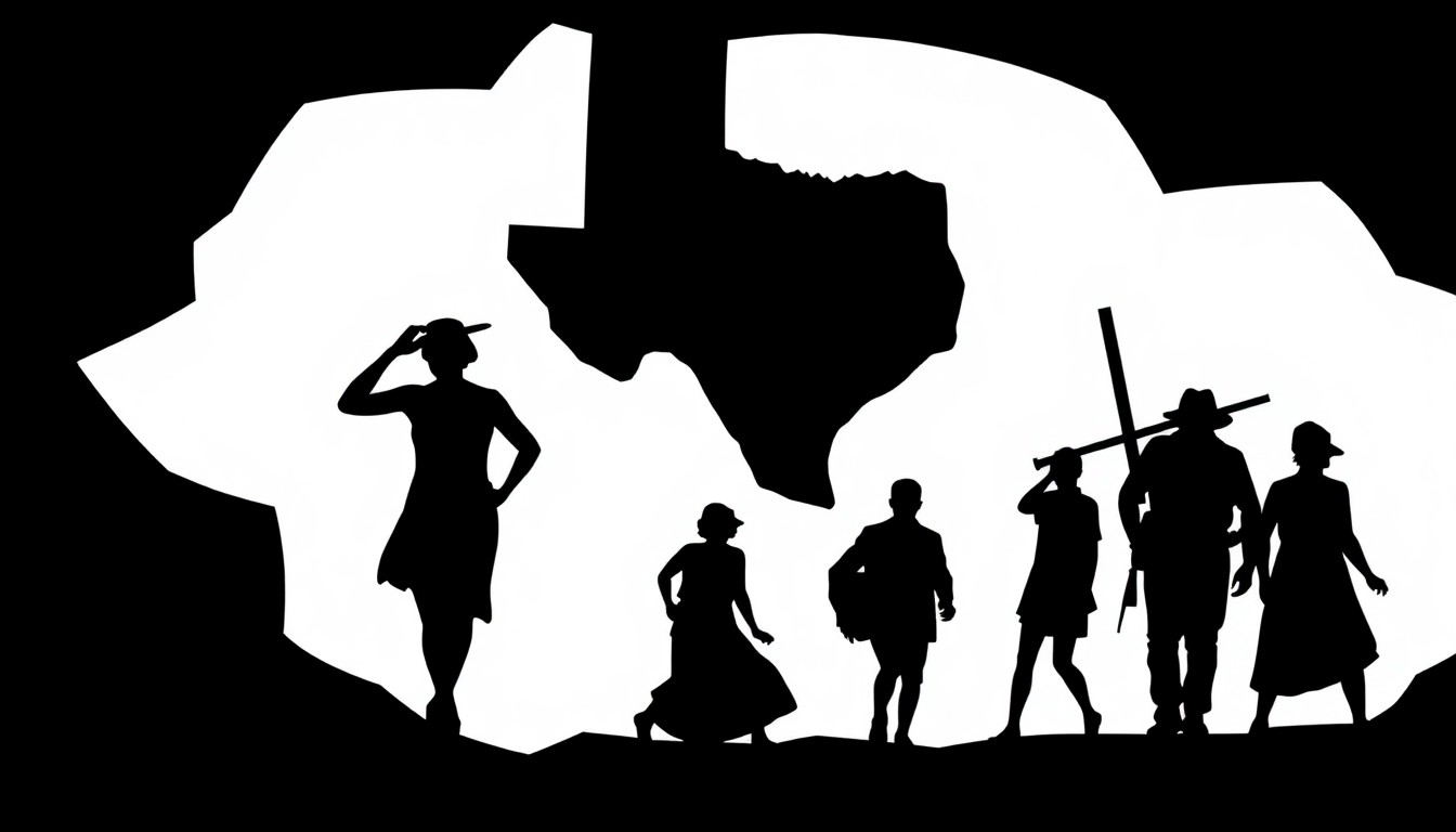 An abstract, minimalist illustration featuring bold, jagged geometric shapes in deep red and bright white, conveying the themes of resistance and liberation in the musical 'Mexodus.'