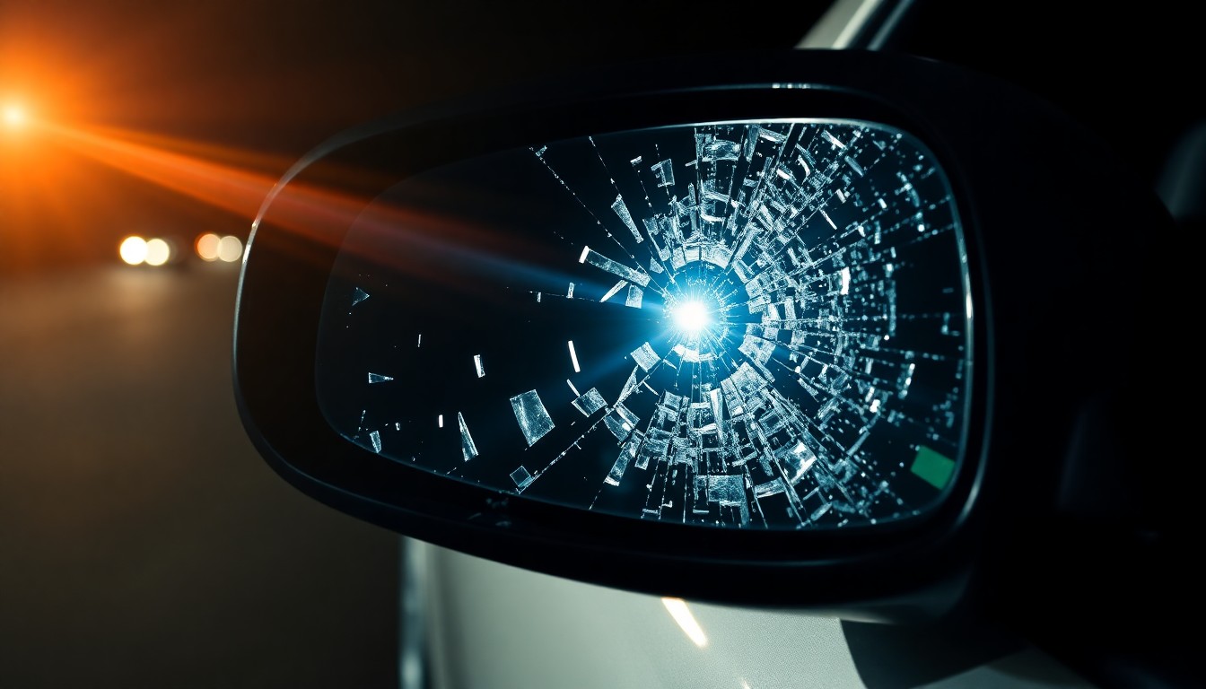 An extreme close-up of a car's side mirror, shattered and reflecting a harsh camera flash, conceptually illustrating the aftermath of a road rage incident.