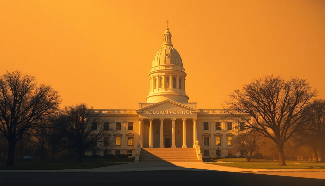 A photorealistic painting of the Oklahoma state capitol building in soft, warm lighting, with long shadows stretching across the scene, conveying a sense of quiet contemplation and civic pride.