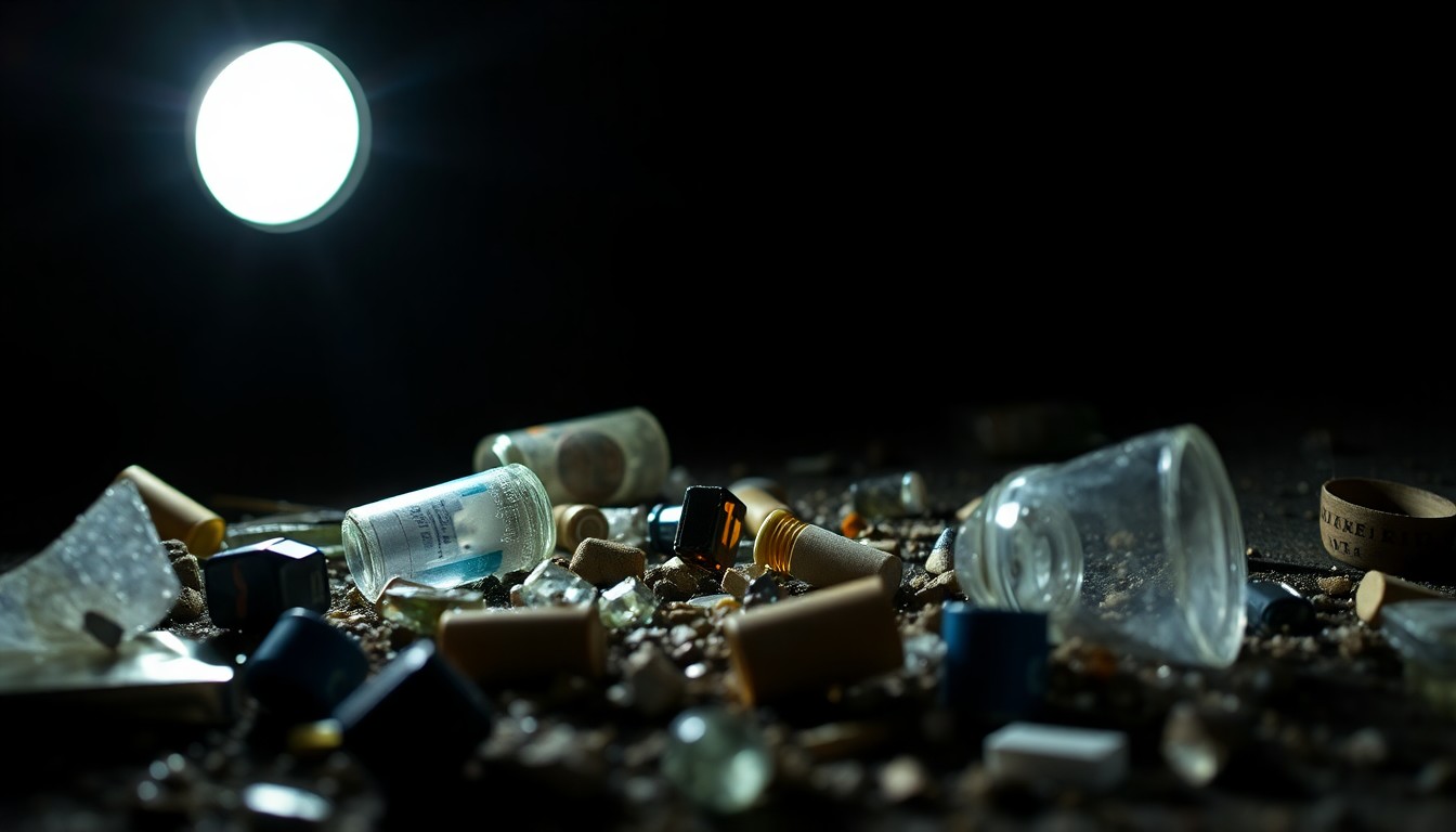 An extreme close-up photograph of discarded drug paraphernalia, broken glass, and other debris found on an abandoned property, creating a stark, gritty visual that captures the investigative nature of this crime-related story.