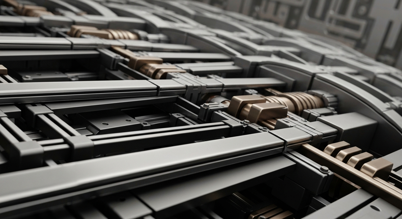 A close-up, cinematic view of intricate, heavy machinery and mechanical components in shades of steel gray, bronze, and black, representing the advanced sequencing technology and infrastructure that powers PacBio's genomics solutions.