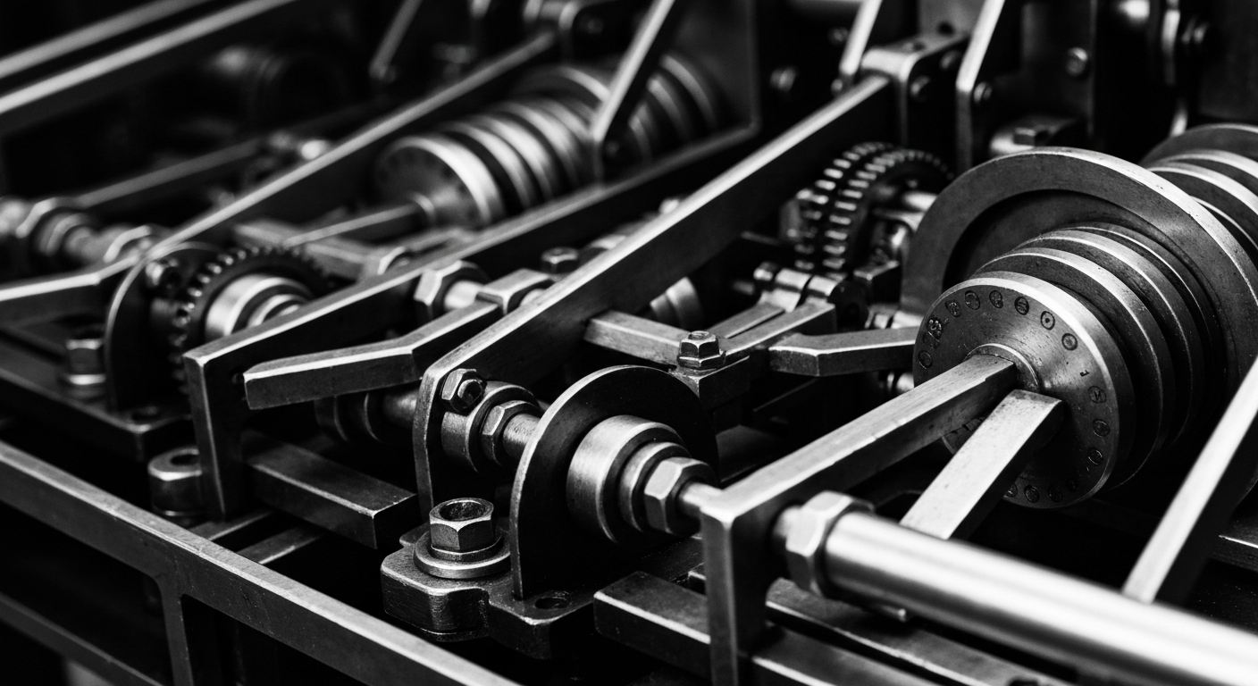 A high-contrast, black-and-white close-up image of intricate banking machinery and mechanisms, representing the tangible foundations of the financial system.