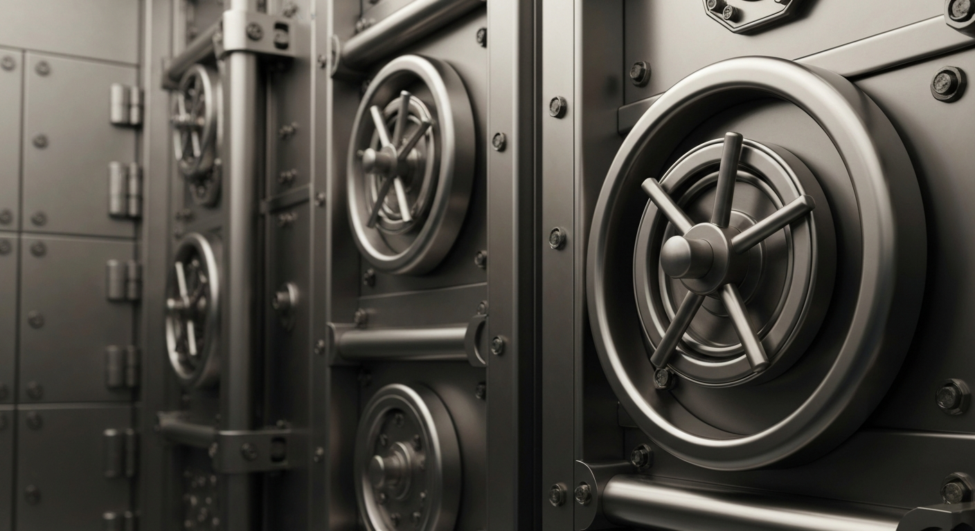 An extreme close-up of heavy, textured banking machinery and vaults in muted metallic tones, conceptually representing the institutional power and stored wealth of the financial system.