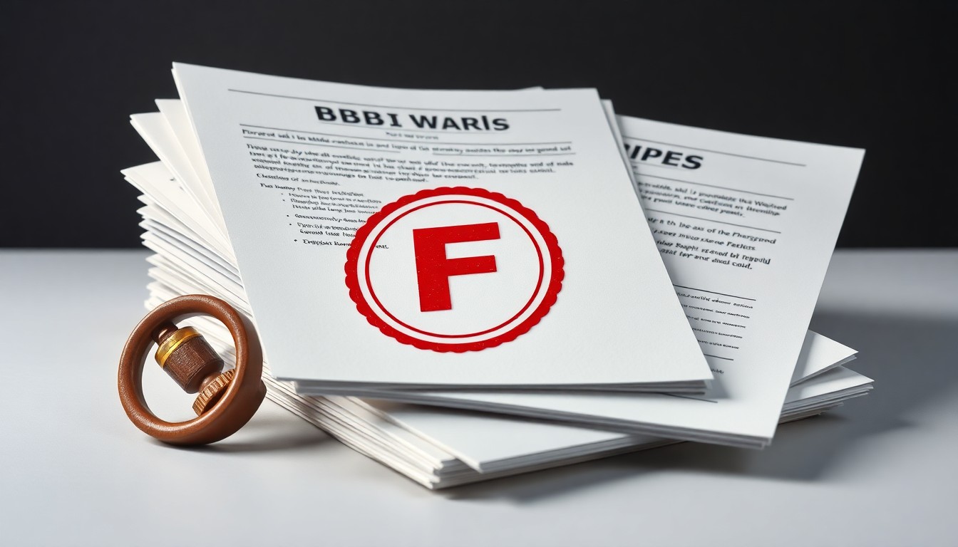 A photorealistic studio still-life featuring a stack of official-looking documents and a large red 'F' stamp, conceptually representing the BBB's warning about a company's problematic conduct.