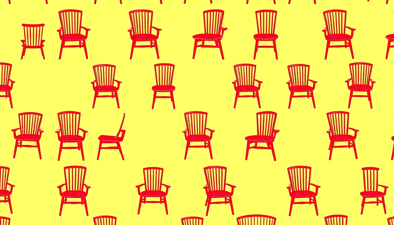 A high-contrast, silkscreen-style illustration featuring a wooden chair or table repeated in a grid pattern, with bold neon colors and heavy black outlines, capturing the modern, pop art aesthetic of wood-paneled room design.