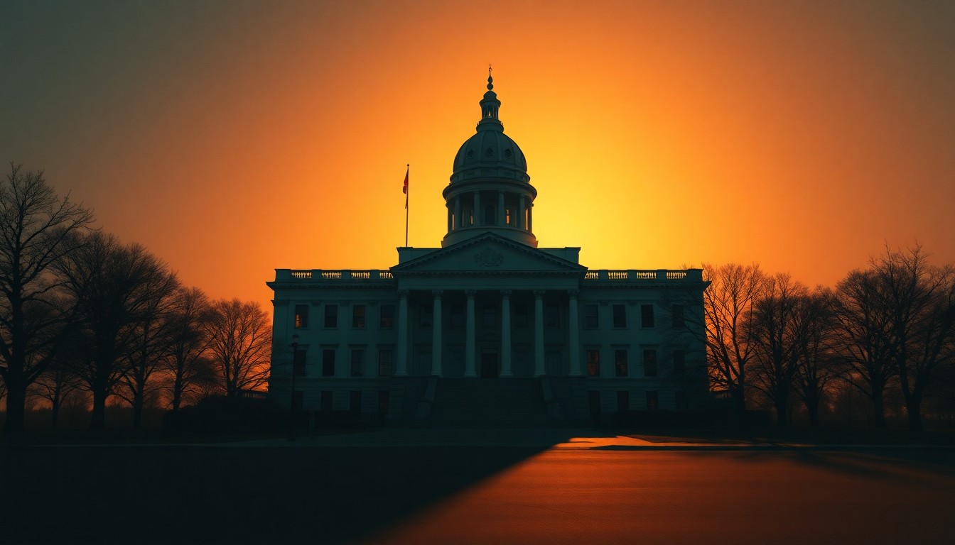 A serene, cinematic painting of the Pennsylvania state capitol building, its facade bathed in warm, golden light and deep shadows, conveying a sense of quiet contemplation around the state's cannabis policies.