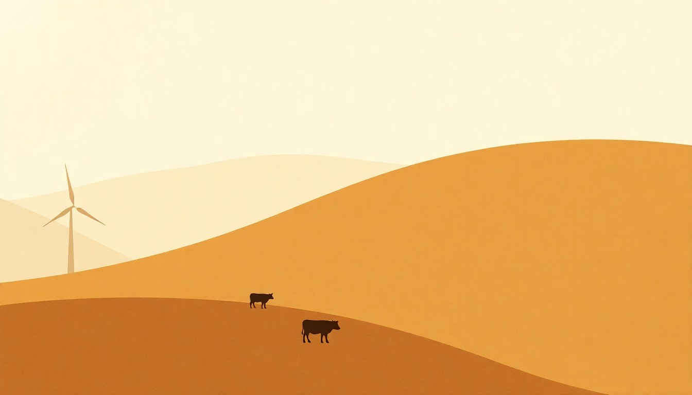 An abstract, textured painting in earthy tones of yellow, green, and blue, featuring sweeping geometric shapes and concentric circles that evoke the interconnected systems of renewable energy and regenerative agriculture.