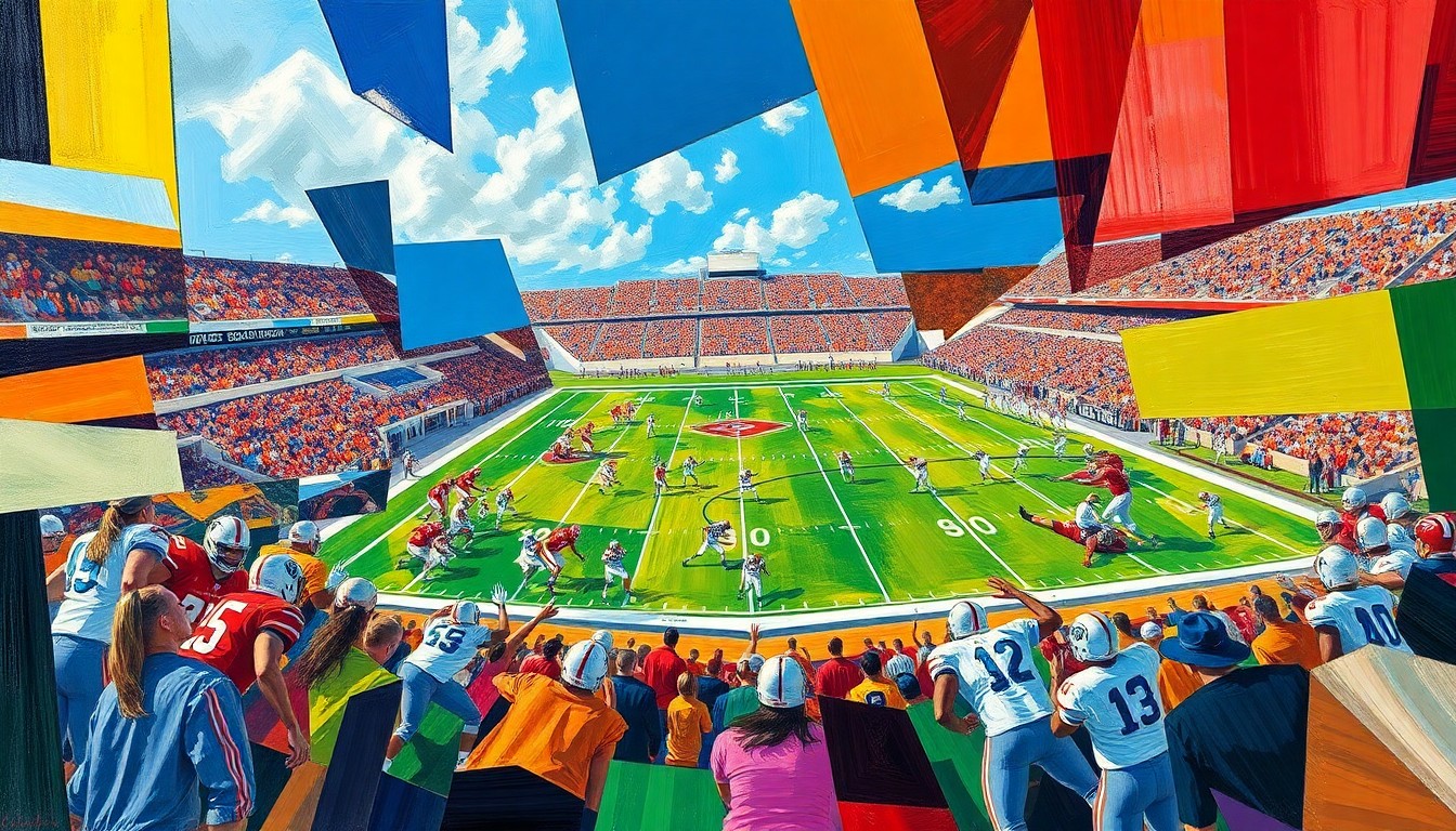 A cubist, geometric painting depicting a fragmented college football game, with sharp angles and overlapping planes of color representing the players, field, and stadium.