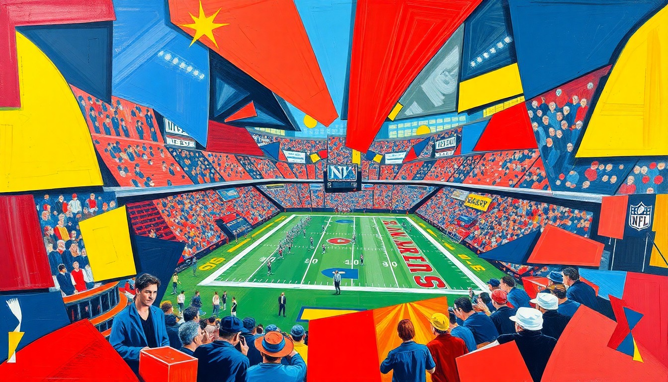 A cubist-style painting featuring fragmented geometric shapes in red, blue, and yellow, conceptually representing the complex decision-making process of the NFL Draft.