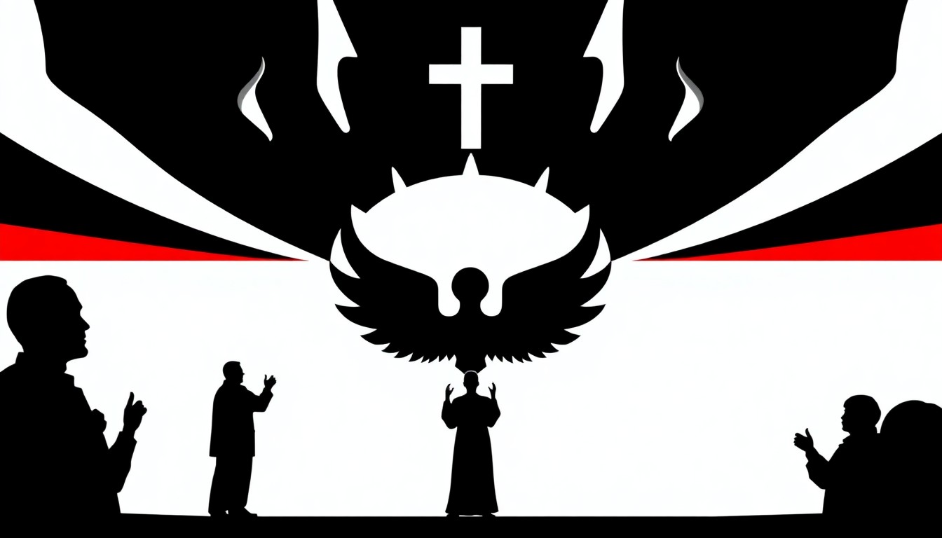 An abstract, minimalist illustration featuring sharp, jagged geometric shapes in bold red and white, conceptually representing the clash between religion and political discourse.