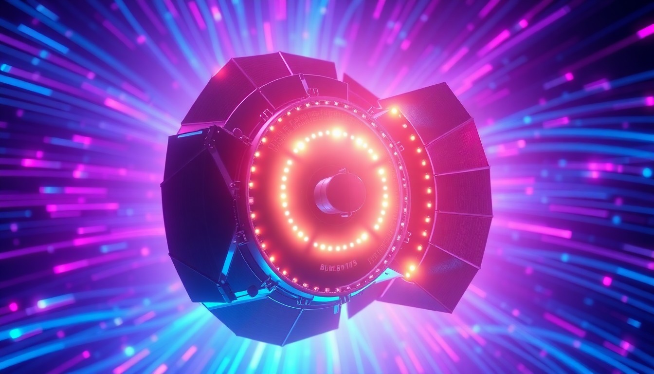 A highly detailed, 3D macro illustration of the glowing, illuminated phased-array antenna of a satellite, surrounded by a swirling field of neon cyan and magenta lights, conceptually representing the advanced communications capabilities of the satellite.