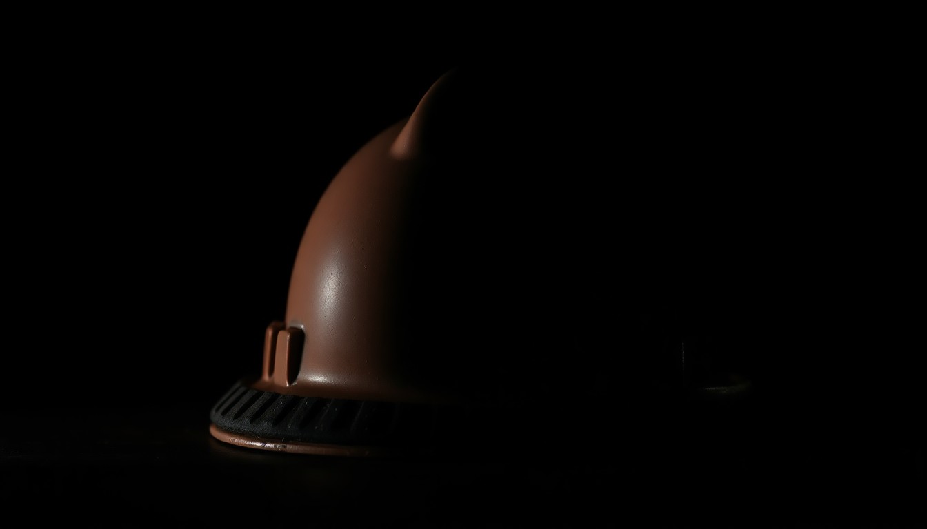 An extreme close-up photograph of a damaged construction hard hat, the harsh flash illuminating the worn, gritty texture of the material and conveying a sense of the sudden, serious nature of the incident.