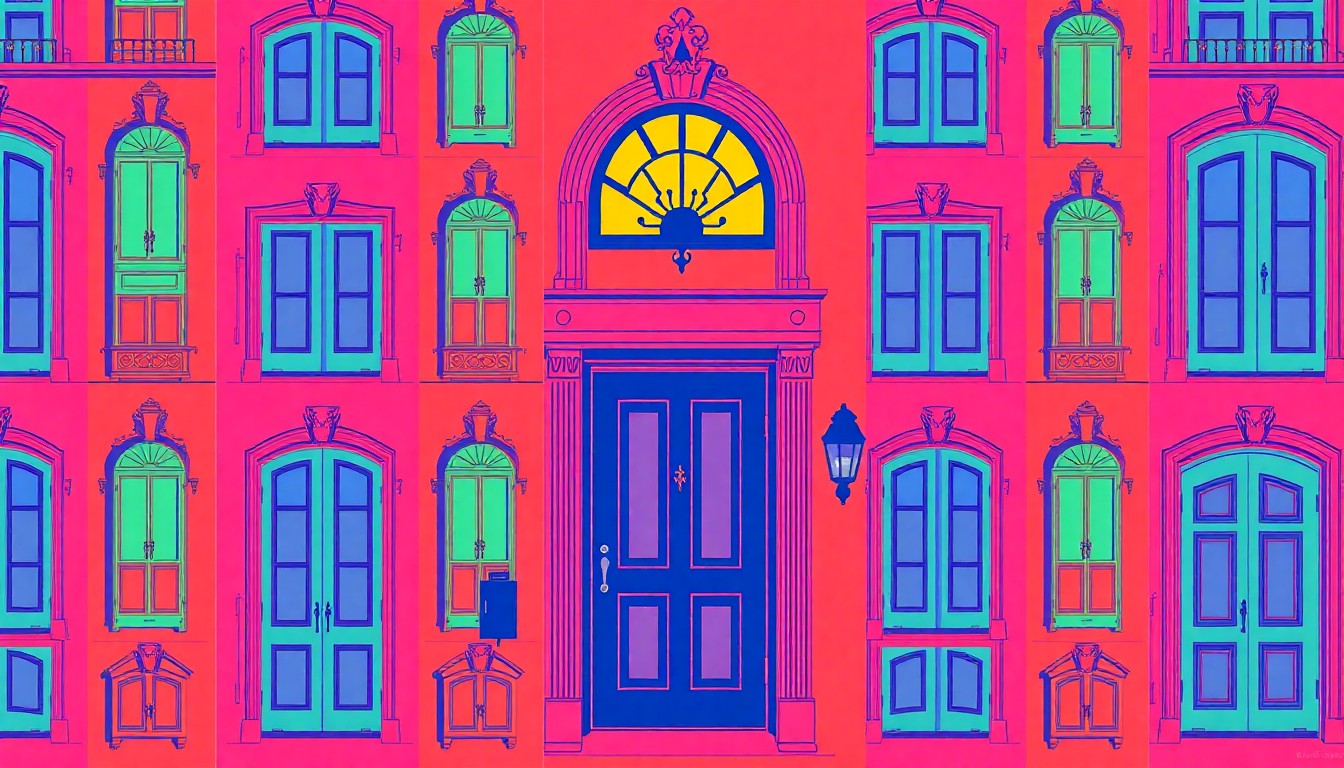 A high-contrast, silkscreen-style illustration featuring a repeating pattern of a grand, ornate front door in shades of bright pink, orange, and blue, conceptually representing the classic yet modern design of the luxury home.