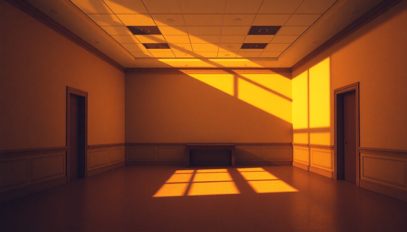 A dimly lit, cinematic government office space with an empty desk and chair, the scene bathed in warm, diagonal sunlight and deep shadows, conceptually representing the contemplative nature of the legal proceedings.