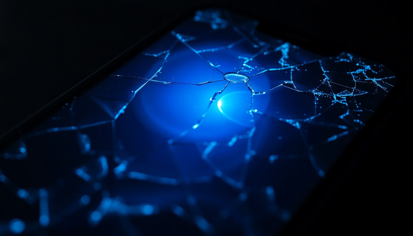 An extreme close-up photograph of a cracked and damaged smartphone screen reflecting a faint blue light, conceptually representing the discovery of illicit digital content.