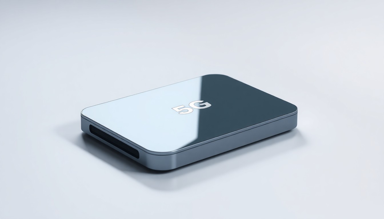A photorealistic studio still-life image of a sleek, modern 5G router or hotspot device made of polished metal and glass, resting on a clean white background and illuminated by dramatic studio lighting to conceptually represent Inseego's advanced 5G technology and connectivity solutions.