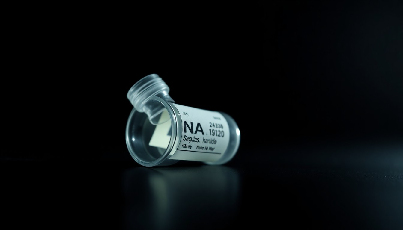 An extreme close-up of a glass vial containing a DNA sample, dramatically lit against a dark background to convey the stark, investigative nature of the crime evidence.