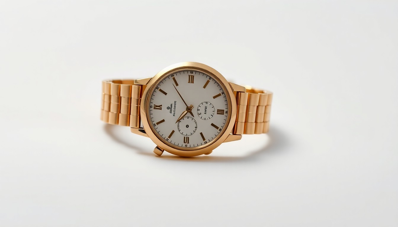 A close-up, high-contrast photograph of a vintage Patek Philippe wristwatch with a solid gold case and bracelet, resting on a clean, monochromatic background, conveying the timeless elegance and historical significance of this rare timepiece.