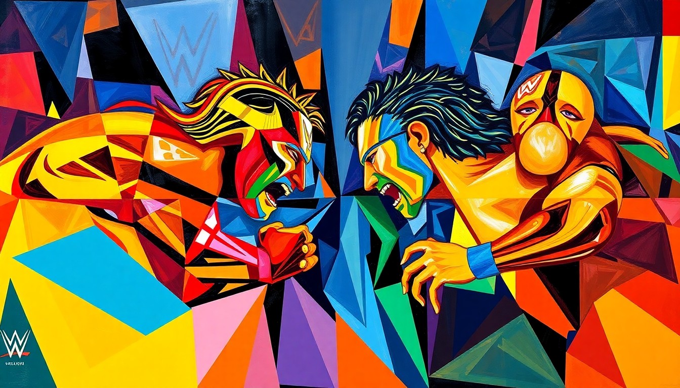 A cubist-style painting featuring overlapping geometric shapes and planes in a vibrant color palette, conceptually representing the high-octane action and spectacle of a WWE championship match at WrestleMania.