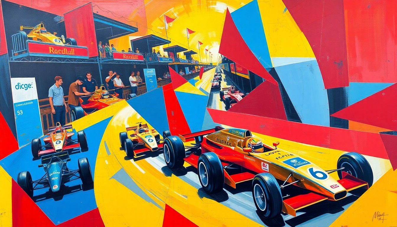 A cubist, geometric painting depicting the motion and energy of the Long Beach Grand Prix race, with overlapping planes of color representing the cars, drivers, and spectacle of the event.