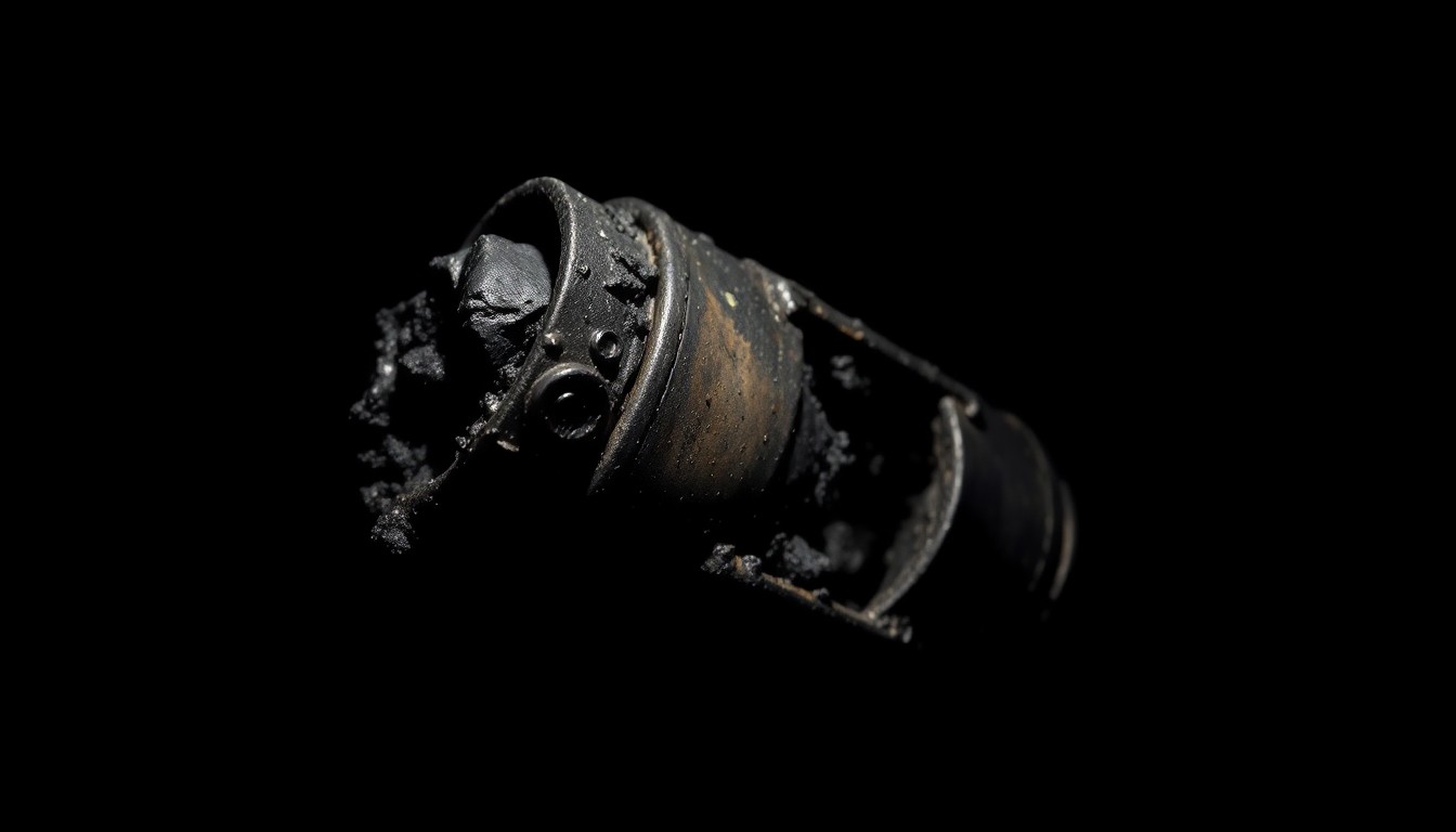 An extreme close-up photograph of a charred and twisted metal component, creating a stark, gritty, investigative aesthetic that conceptually represents the investigation into the cause of the fire aboard the USS Eisenhower.