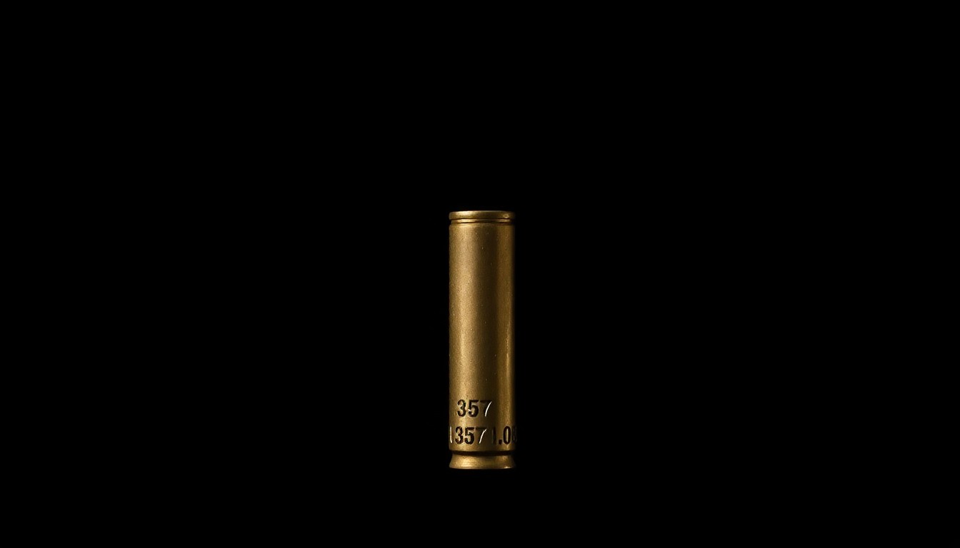 An extreme close-up photograph of a single .357 revolver shell casing against a pitch-black background, the harsh lighting creating a stark, investigative aesthetic that conceptually represents the complexities of this criminal case.