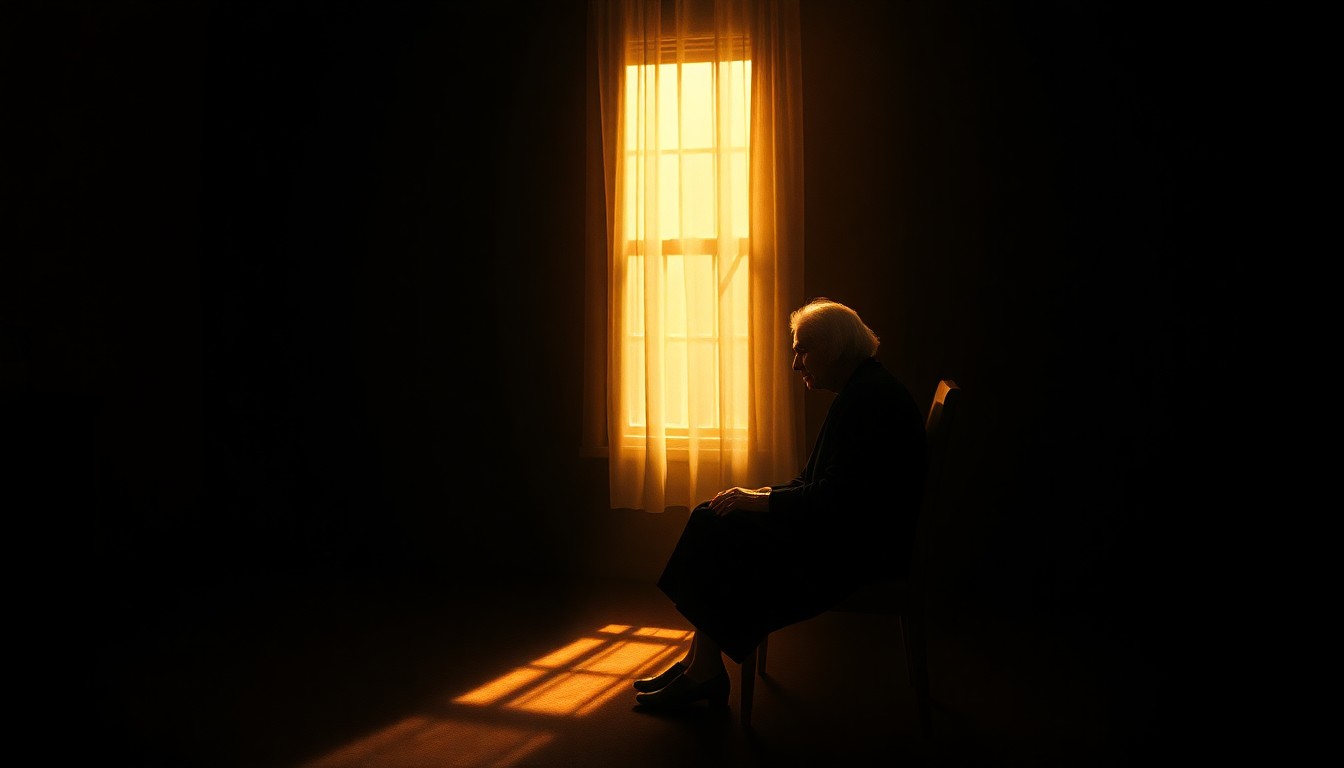 A solitary, elderly woman sits alone in a dimly lit room, her face partially obscured by shadows, conveying a sense of isolation and vulnerability.