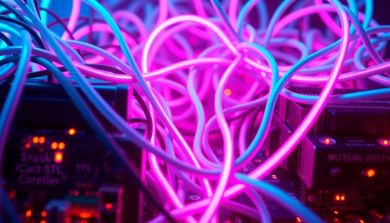 A highly detailed, glowing 3D illustration of a tangled web of fiber-optic cables and circuit boards, representing the complex digital infrastructure behind streaming devices. The components are illuminated by neon cyan and magenta lights, creating a high-tech, cyberpunk aesthetic.