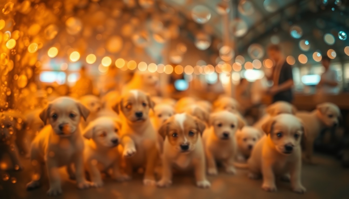 An abstract, impressionistic scene of blurred shapes and colors representing the joyful energy of an animal adoption event, with no discernible individual subjects or text.