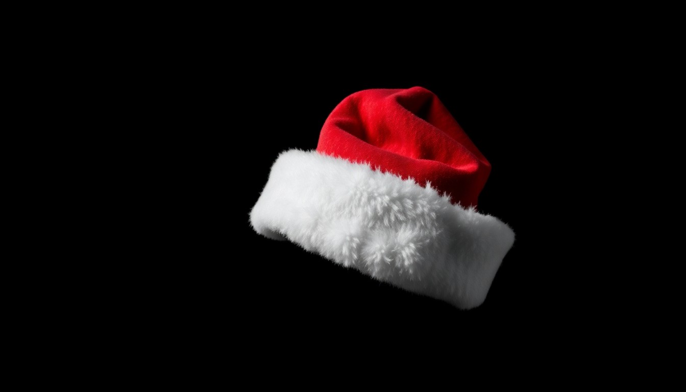 An extreme close-up of a crumpled Santa hat against a pitch-black background, lit by a harsh, direct camera flash, conceptually representing the harsh realities of a charity fraud investigation.
