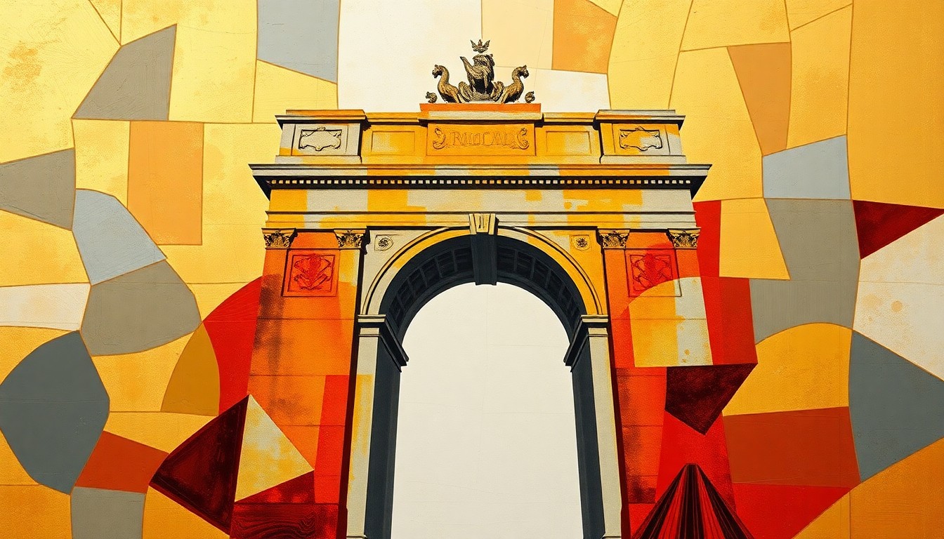 A fractured, abstract painting in gold, grey, and red tones depicting the silhouette of a massive stone arch with decorative elements, conveying the divisive political tensions surrounding the construction of this controversial monument.