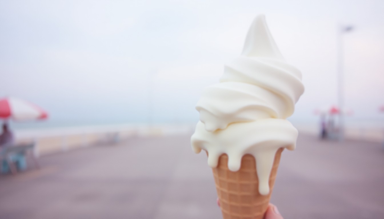 An abstract, out-of-focus photograph showing the blurred outline of an ice cream cone dripping with melted ice cream against a hazy, blurred background evoking a seaside boardwalk, capturing the nostalgic and carefree mood of the Jersey Shore in summer.