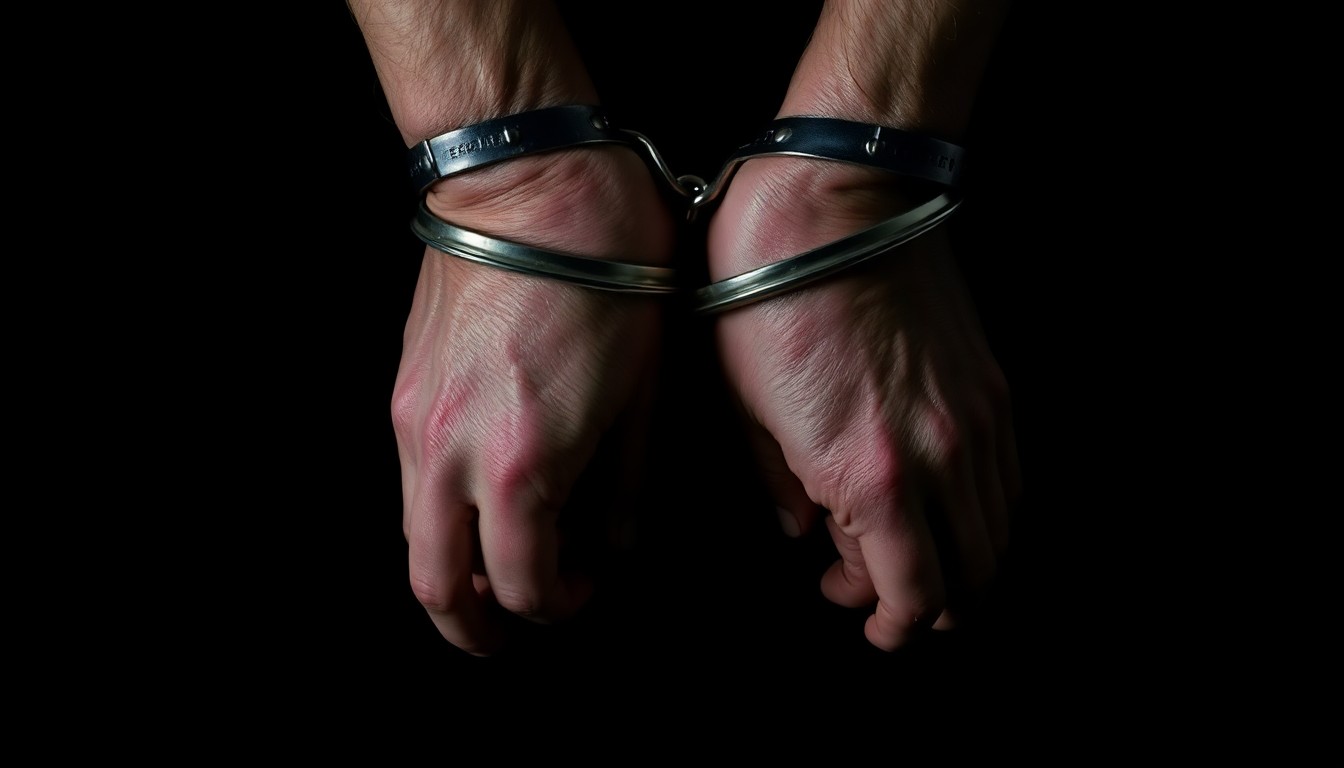 An extreme close-up photograph of a pair of handcuffed wrists against a pitch-black background, conveying a sense of restraint and the stark, gritty aftermath of a violent encounter.
