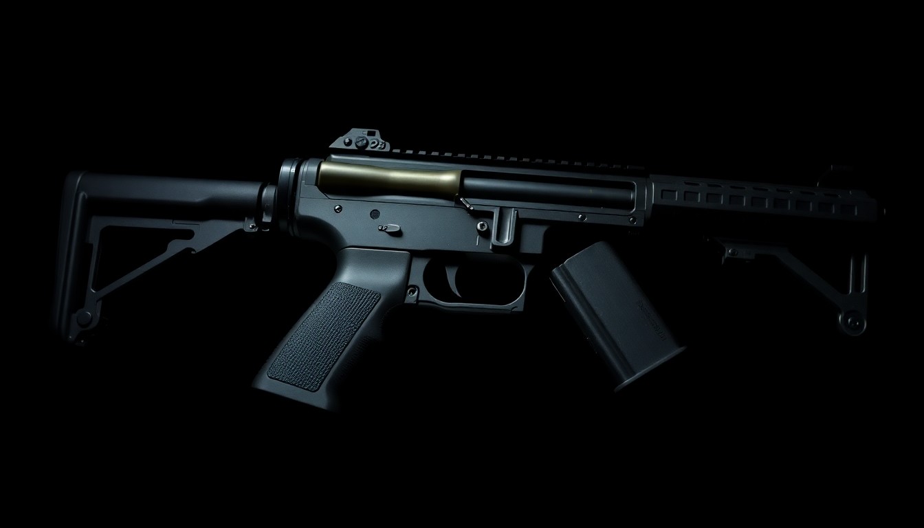 An extreme close-up photograph of the disassembled components of an AR-style pistol, including the grip, trigger, and magazine well, lit by a harsh, direct camera flash against a pitch-black background, creating a stark, gritty, and investigative aesthetic.
