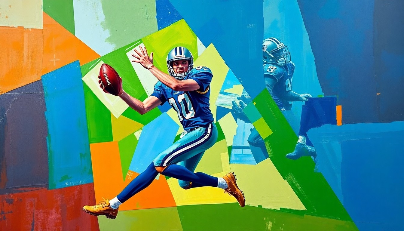 A cubist-style painting depicting a football player making a catch, with the figure broken down into sharp, overlapping geometric shapes in vibrant blue, green, and orange hues, conveying the dynamic action of the play.