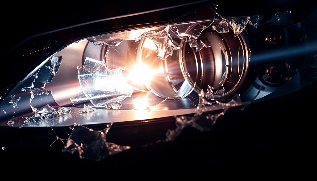 An extreme close-up photograph of a shattered car headlight lens reflecting the harsh glare of a camera flash, conceptually illustrating the aftermath of a hit-and-run crash.