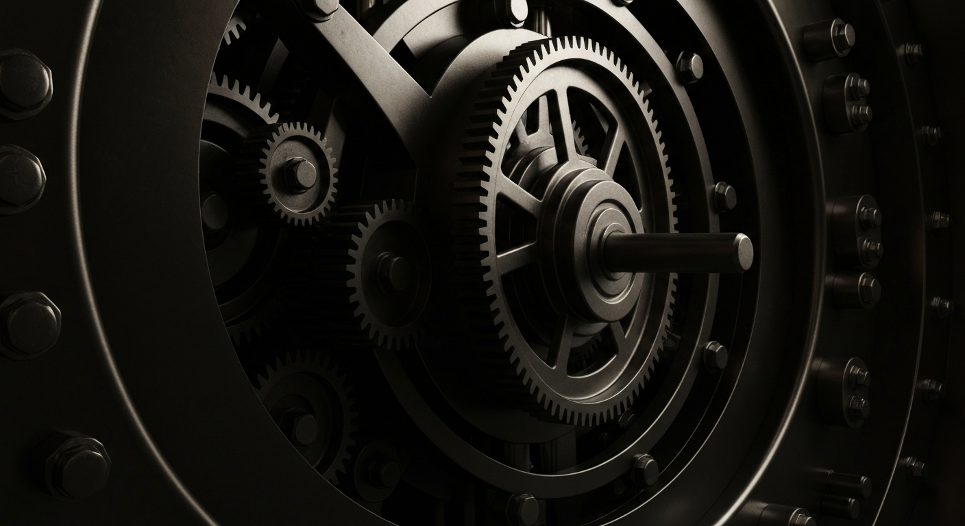 An extreme close-up of the complex inner workings of a large bank vault, with gears, levers, and other heavy industrial components filling the frame and casting dramatic shadows, conveying the secure and powerful infrastructure of a major financial institution.