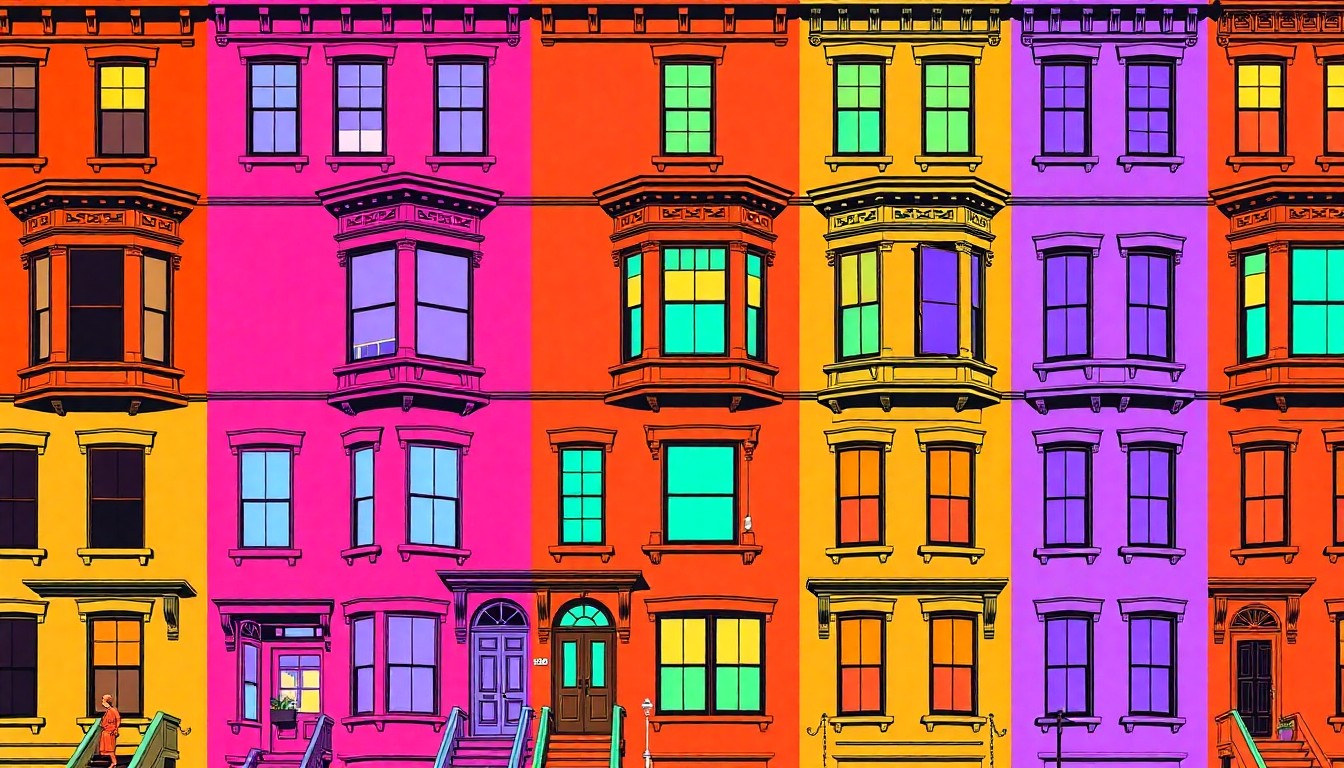 A vibrant, silkscreen-style grid of a Brooklyn townhouse facade in neon pink, orange, and blue, conceptually representing the artistic and architectural significance of this unique property.
