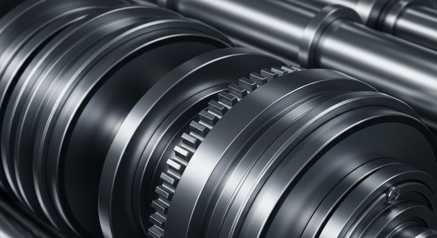 A close-up image of intricate, heavy-duty banking machinery and mechanisms, conveying a sense of industrial power and financial security without using any literal currency or symbols.