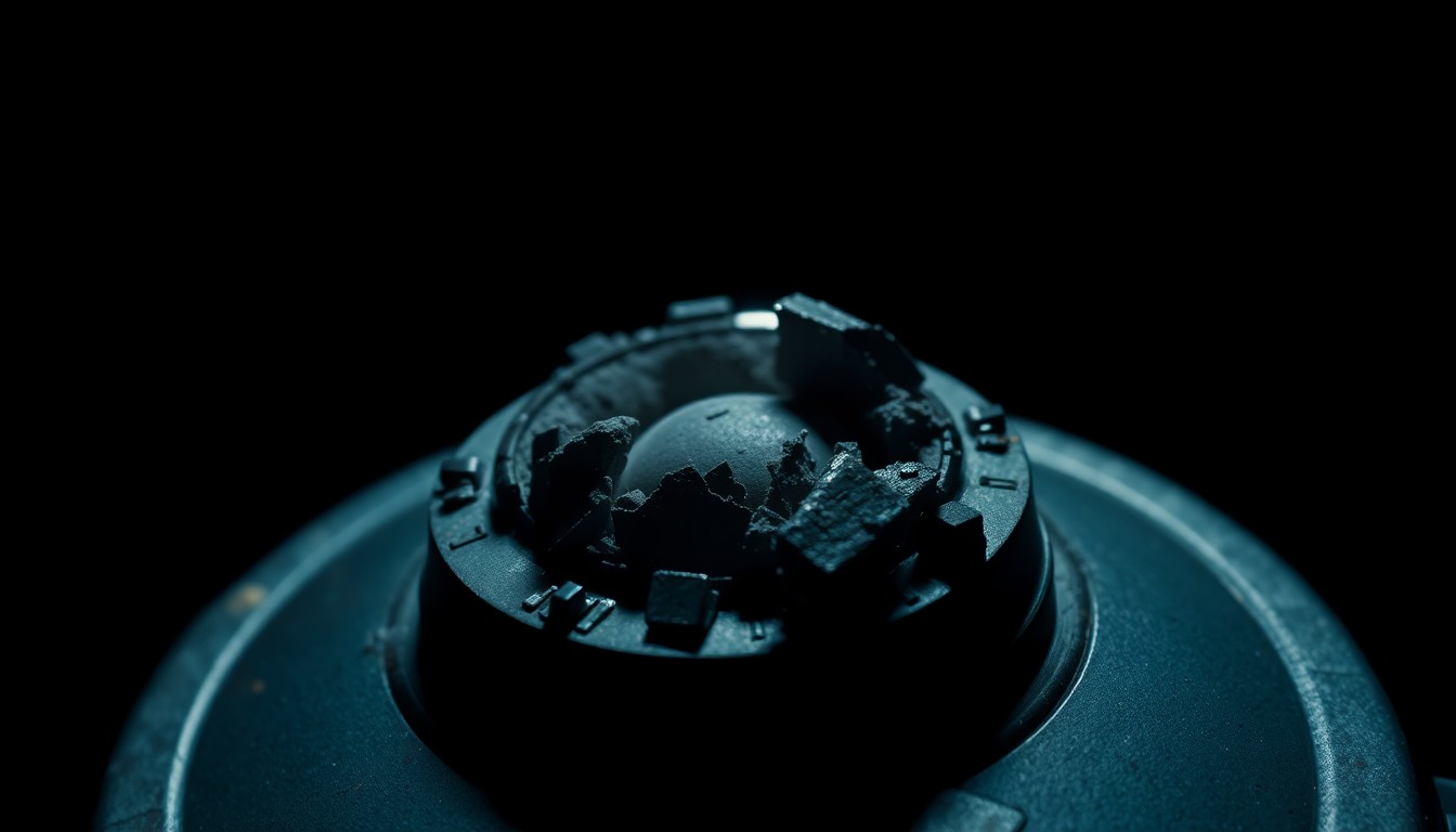 An extreme close-up of a damaged navigation device or sensor from a vessel, reflecting a harsh, direct camera flash in the dark. The image conveys a stark, gritty, and investigative aesthetic without depicting any violence.