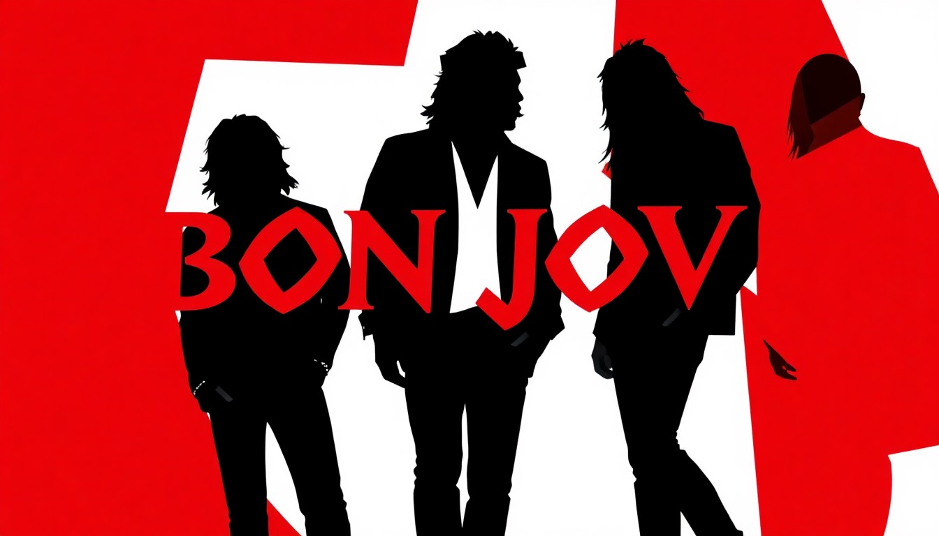 A minimalist, abstract illustration using bold, geometric shapes and high-contrast colors to represent the iconic Bon Jovi brand and musical performance.