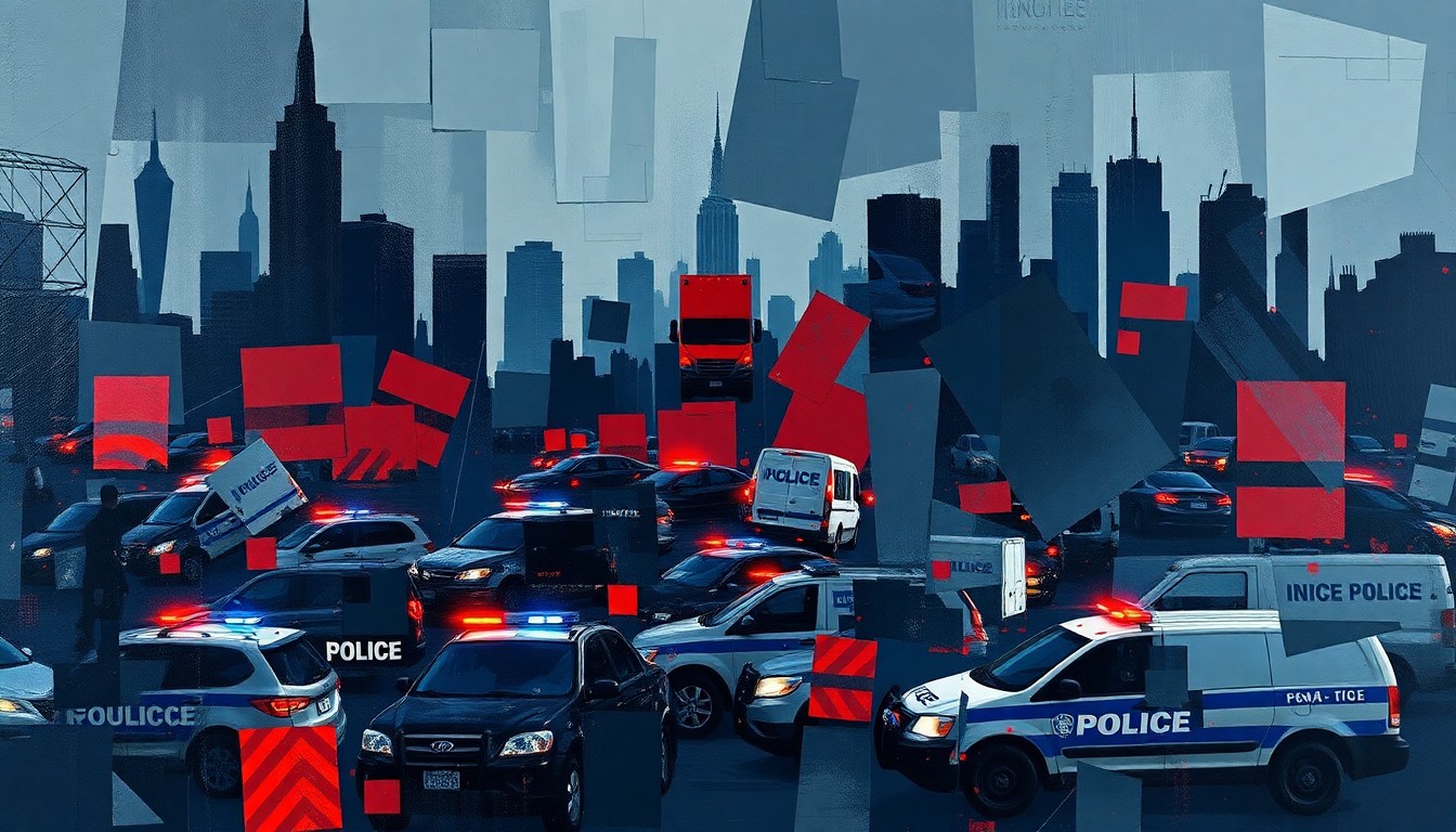 A dynamic, abstract painting in shades of blue, grey, and red depicting the overlapping, fragmented motion of police cars, government vehicles, and urban architecture, conceptually representing the conflict between state and local policies on immigration enforcement.