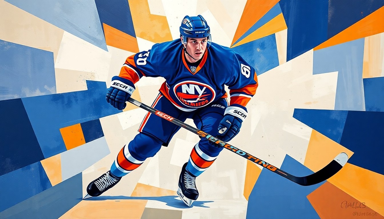 A cubist, geometric painting depicting a hockey player in motion, with sharp, overlapping planes of blue and orange representing the Islanders' colors.