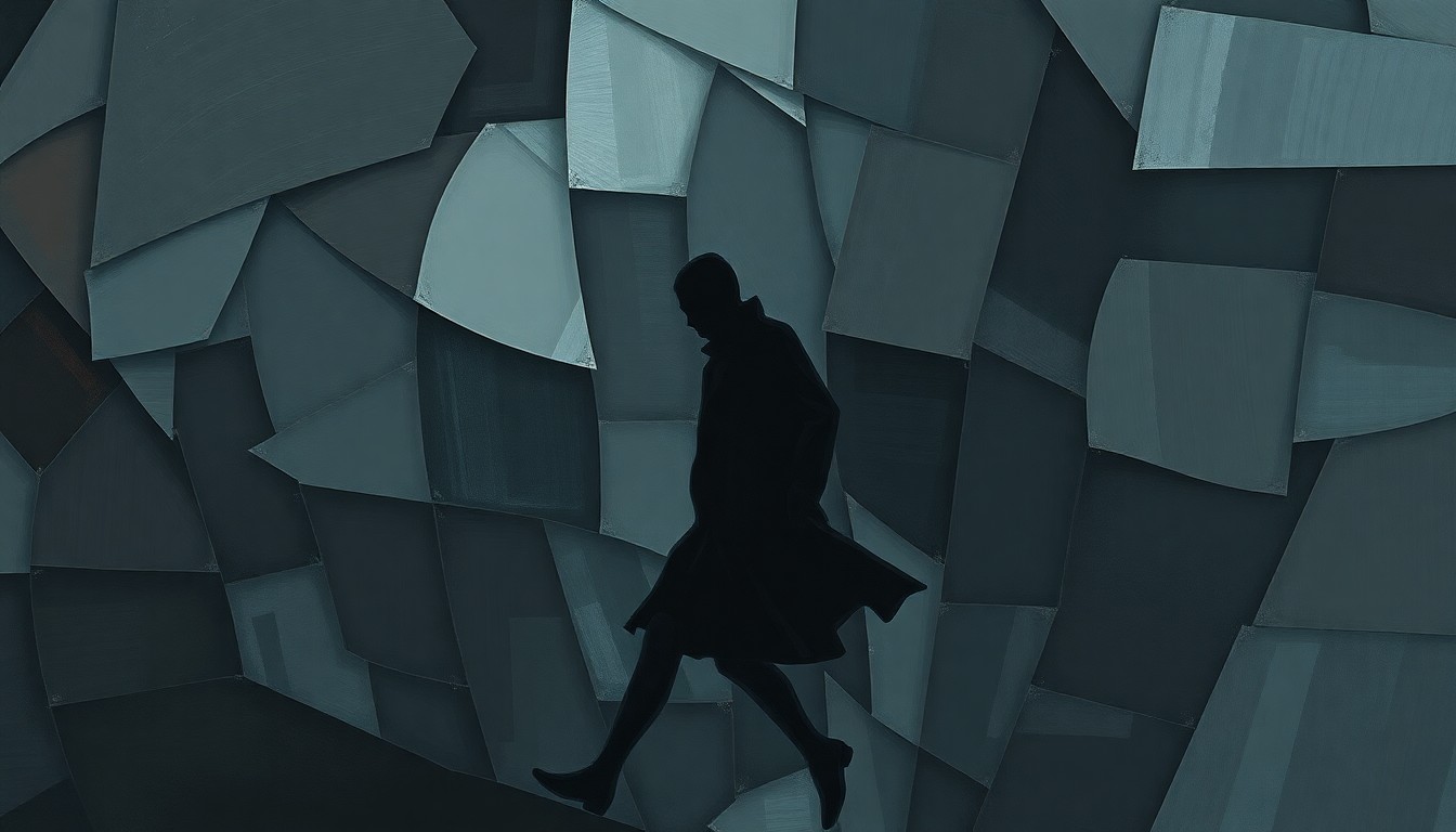 A dynamic, fragmented painting in shades of gray, blue, and red depicting a shadowy, indistinct figure in motion, conveying the unsettling mystery surrounding the recent cases of missing and deceased government researchers.